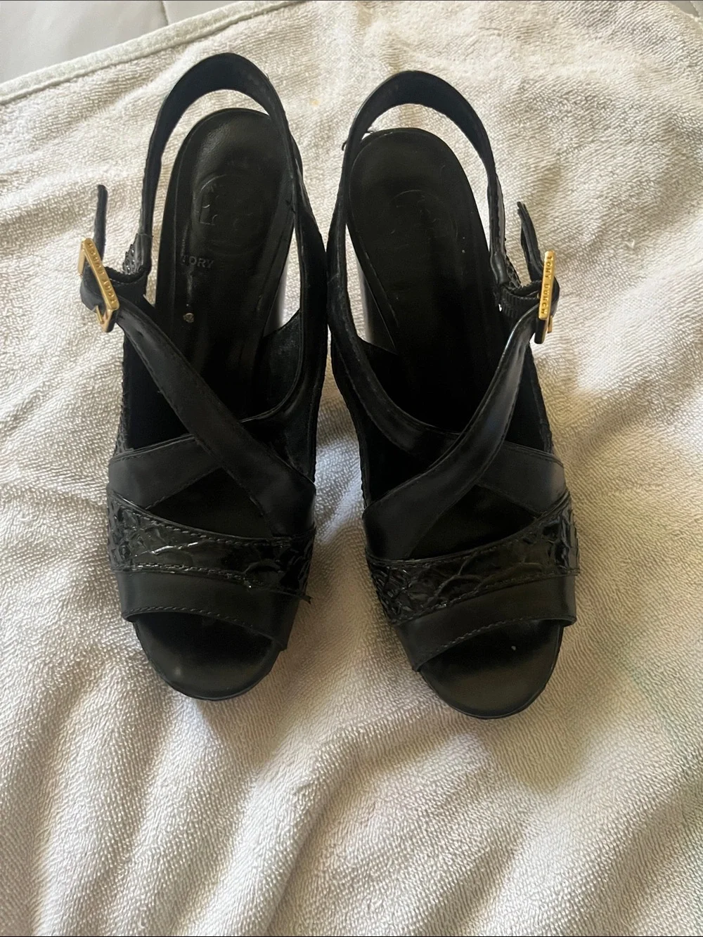 Tory Burch Black Leather Crisscross Slingback Heels with Gold Buckles